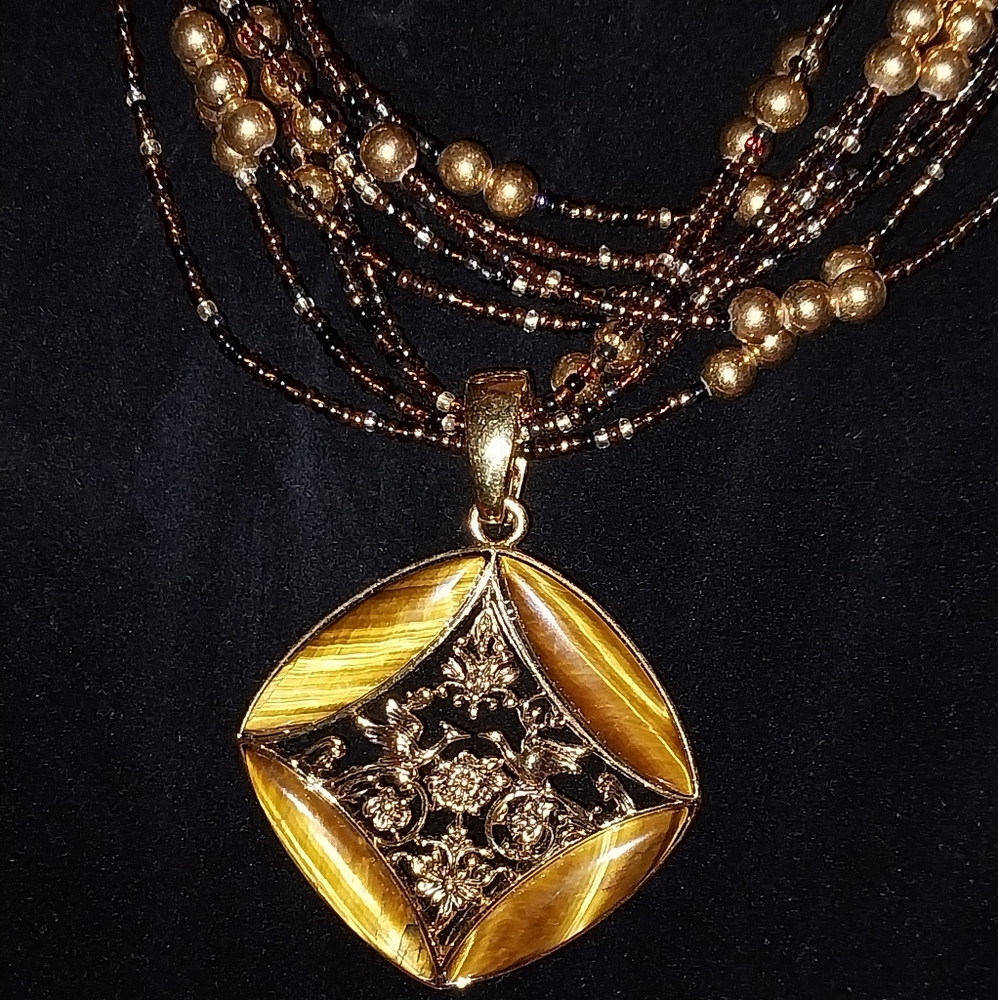 Joan Rivers Vintage Large Tigers Eye Beaded Multi-Strand Pendant adjustable